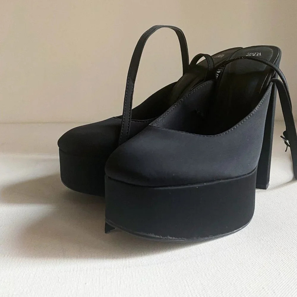 NWT Black Chunky Platform Nylon Ankle Wrap Closure heels 40 - Picture 5 of 11